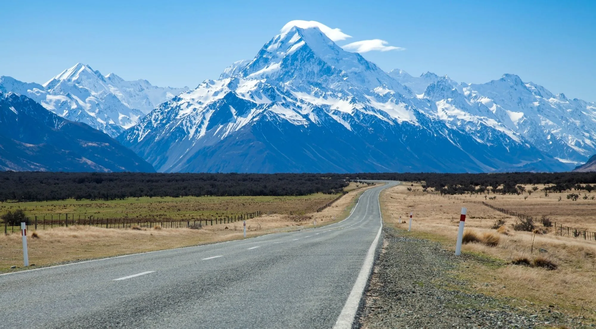 State Highway 80 running straight toward Aoraki/Mount Cook