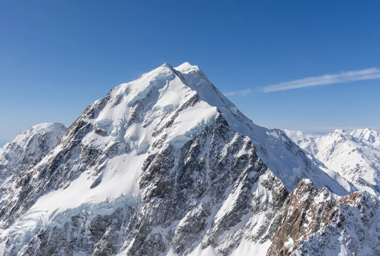 Snow-covered summit of Aoraki/Mount Cook seen from the air