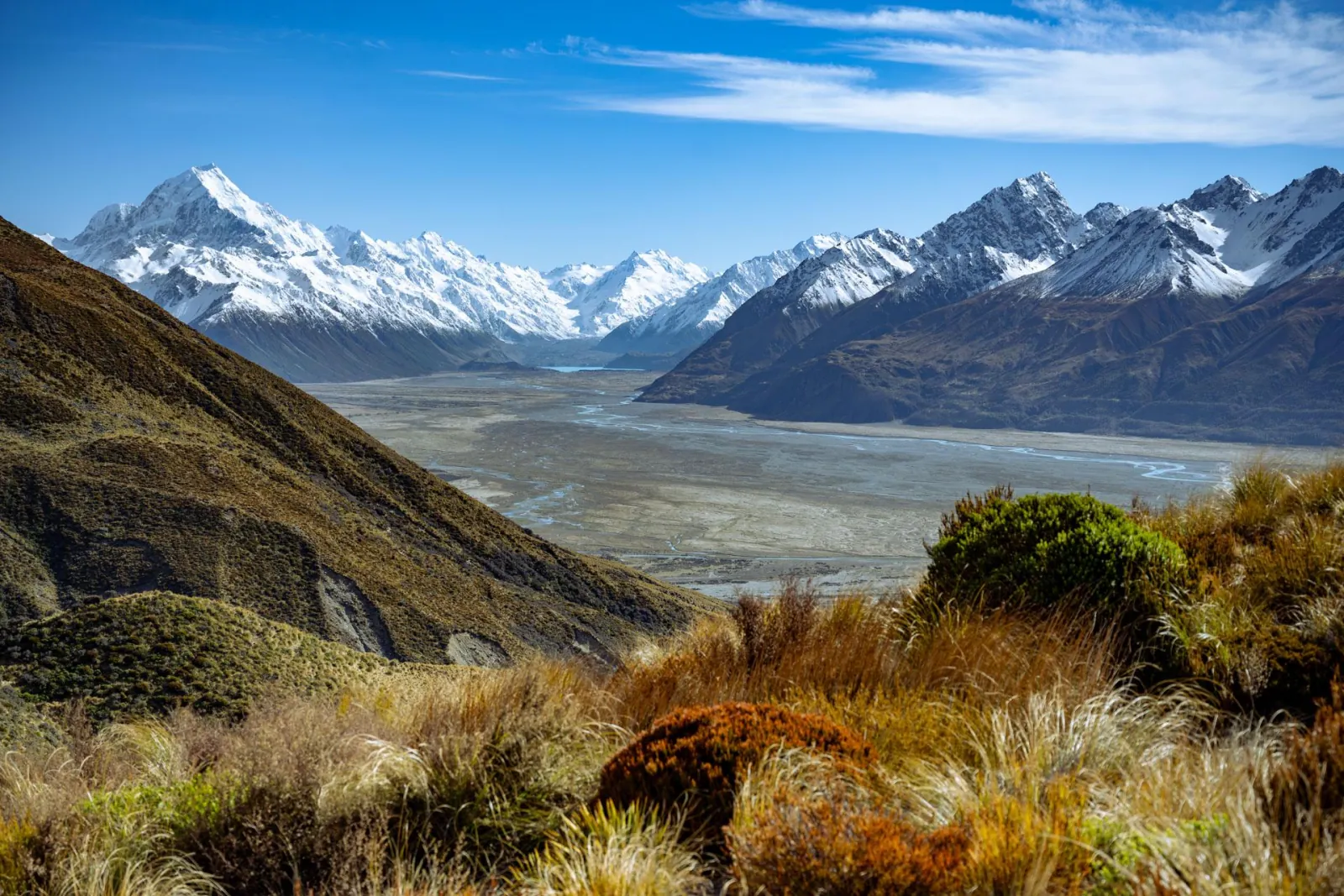 Aoraki/Mount Cook above the Tasman River valley from the Glentanner hillside