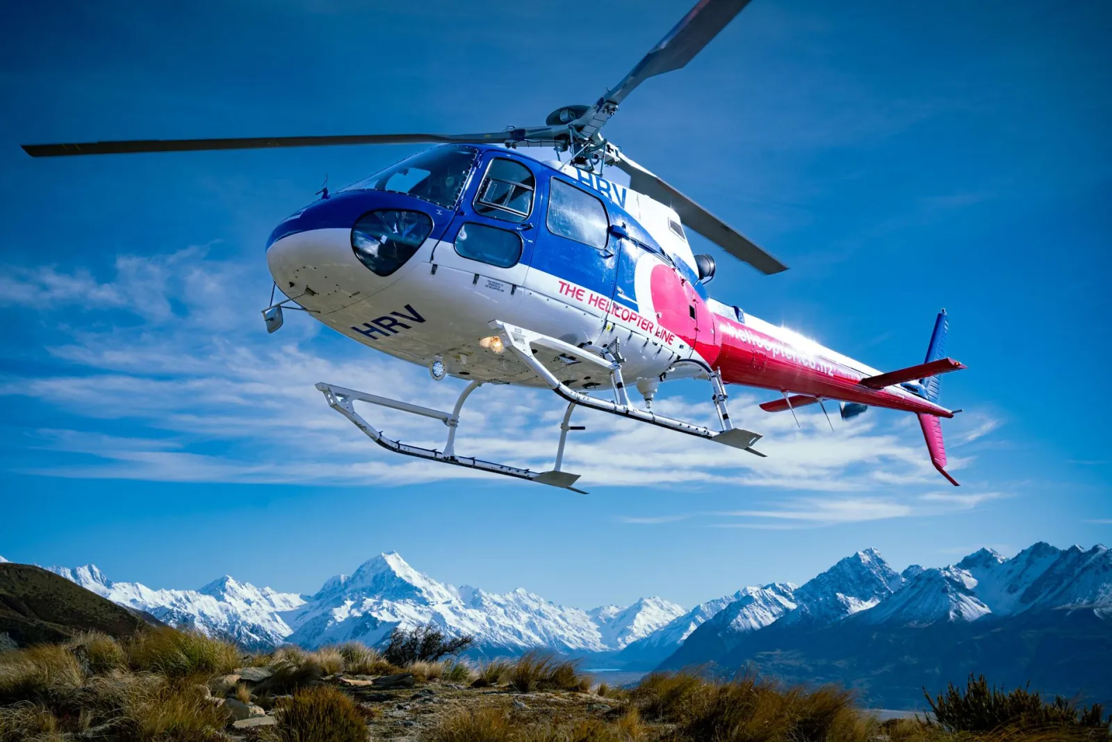 The Helicopter Line helicopter flying above tussock with Aoraki/Mount Cook on the horizon