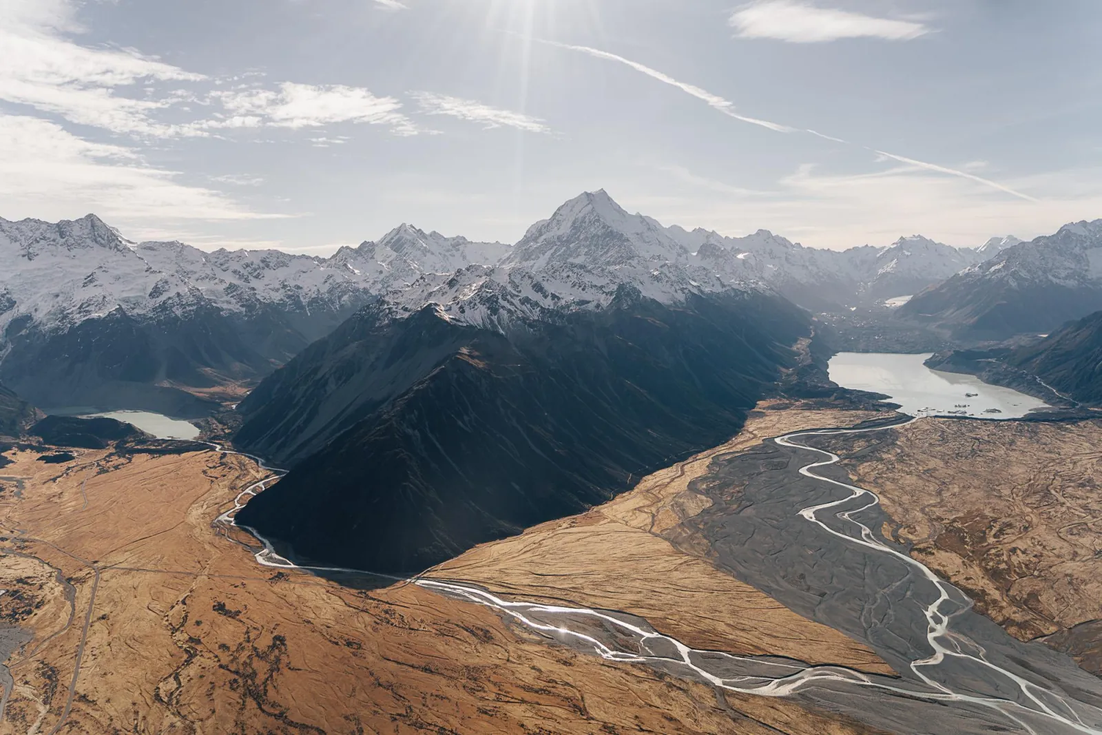 Aoraki/Mount Cook at the head of the Tasman Valley, with braided rivers and lakes below