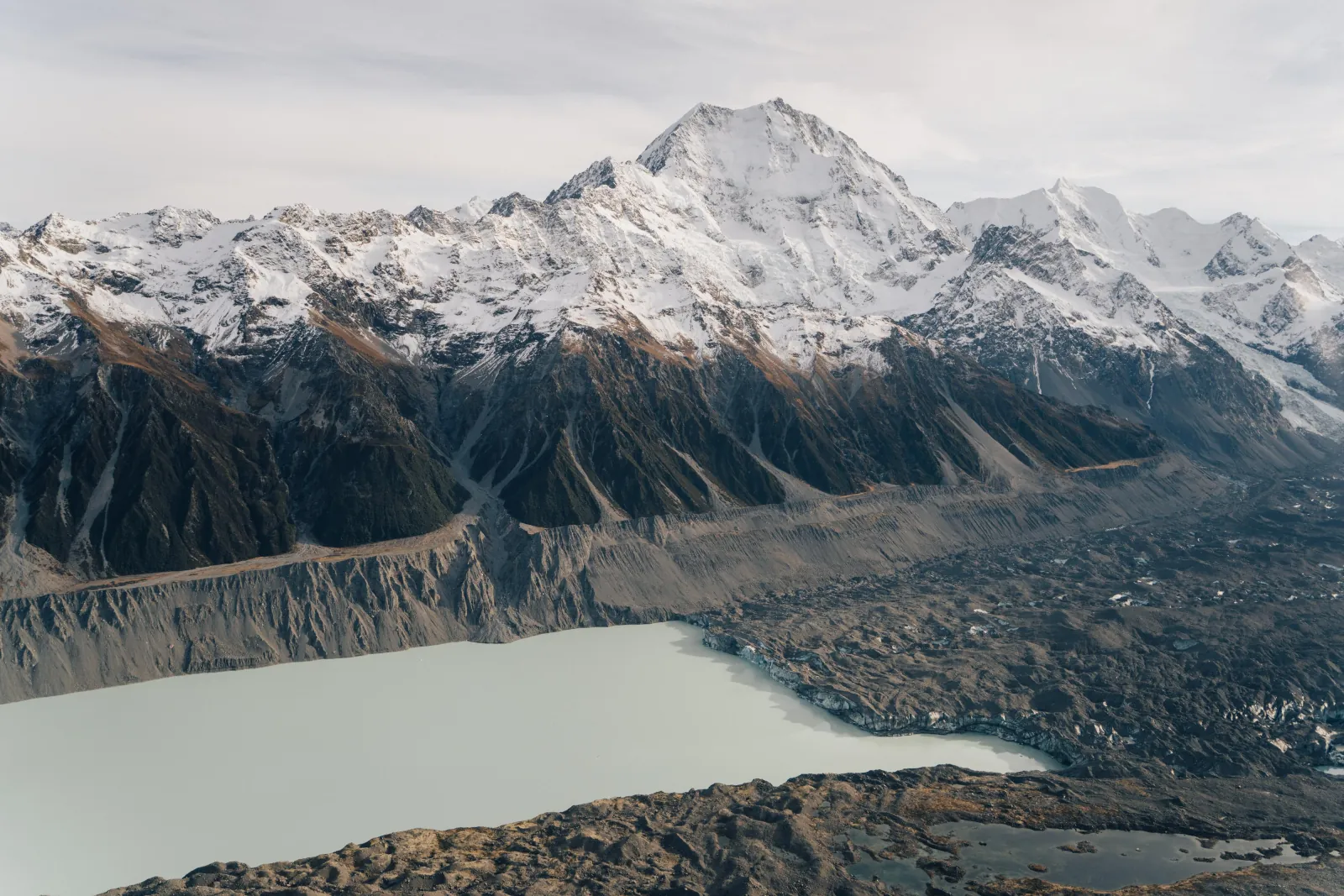 Aoraki/Mount Cook above Tasman Lake and the rubble-covered lower Tasman Glacier